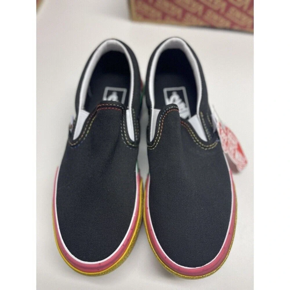 Vans Sneakers Classic Slip On Platform Black Glitter Rainbow Women 5.5 Pride New